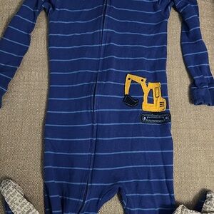 Carter's Blue Striped Footie with Yellow Excavator